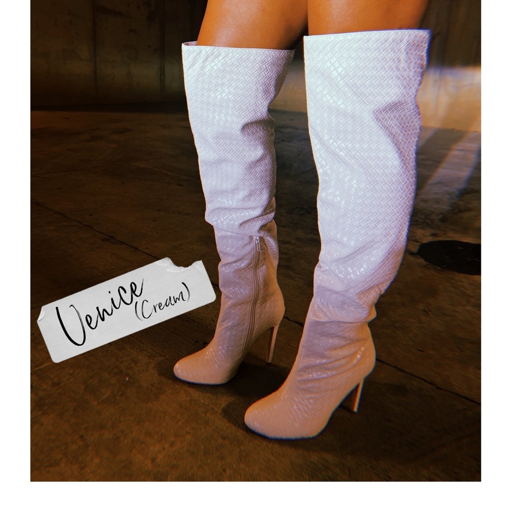 Off-white  thigh high boot with  woven detailed vegan leather and stilleto heel.